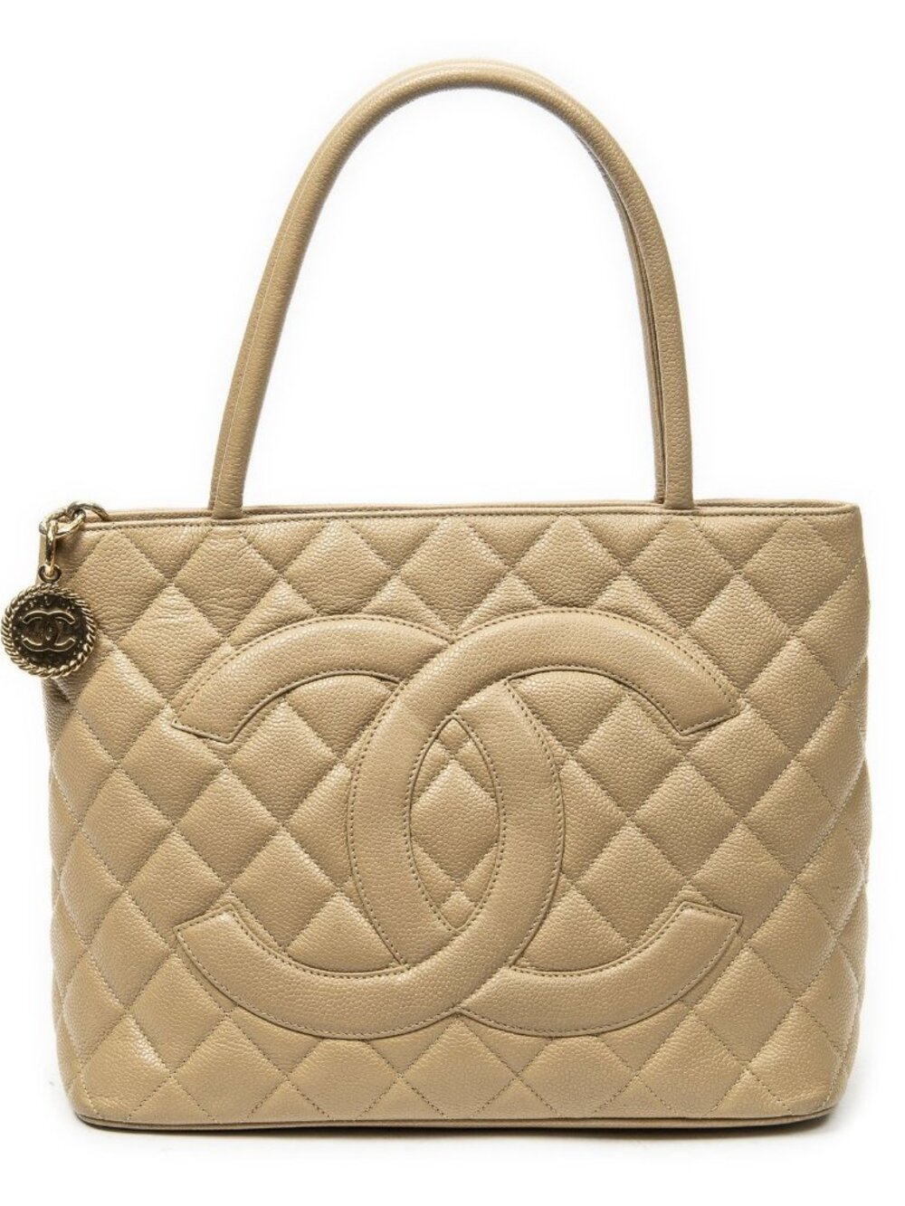 Chanel Timeless Medallion Tote Beige Quilted Caviar Leather